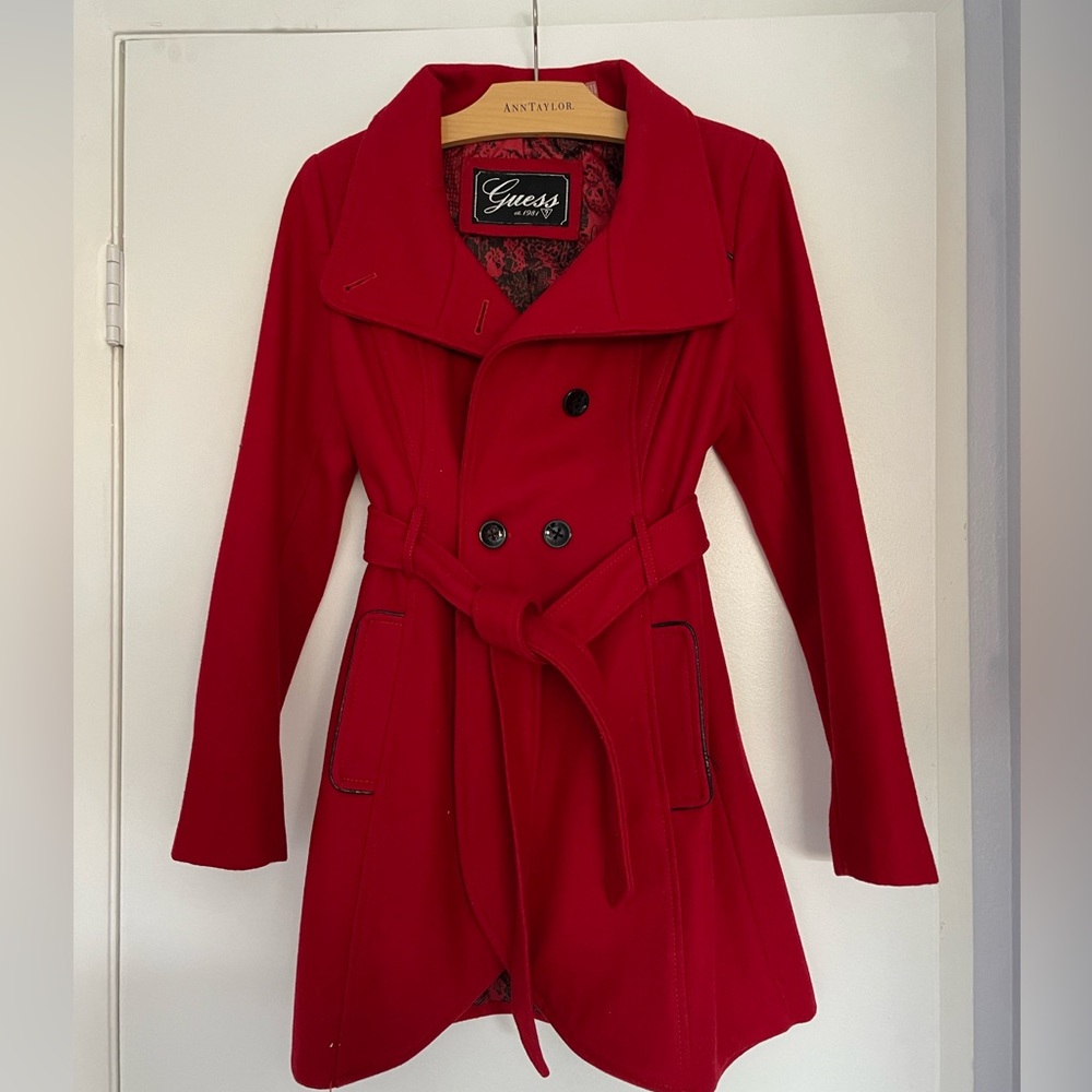 Guess Red Wool Pea Coat Jacket